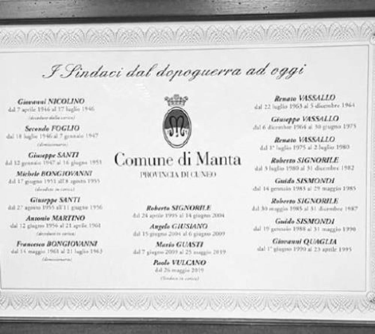 DAL RICORDO DI SIGNORILE UNA TARGA DEDICATA A TUTTI I SINDACI DI MANTA