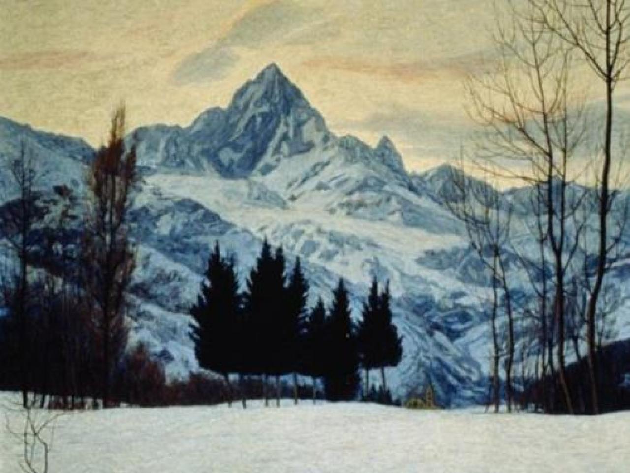 Il Re di pietra di Matteo Olivero nelle vetrine dell’ufficio turistico una splendida immagine del monviso innevato chiude l’anno dedicato al pittore