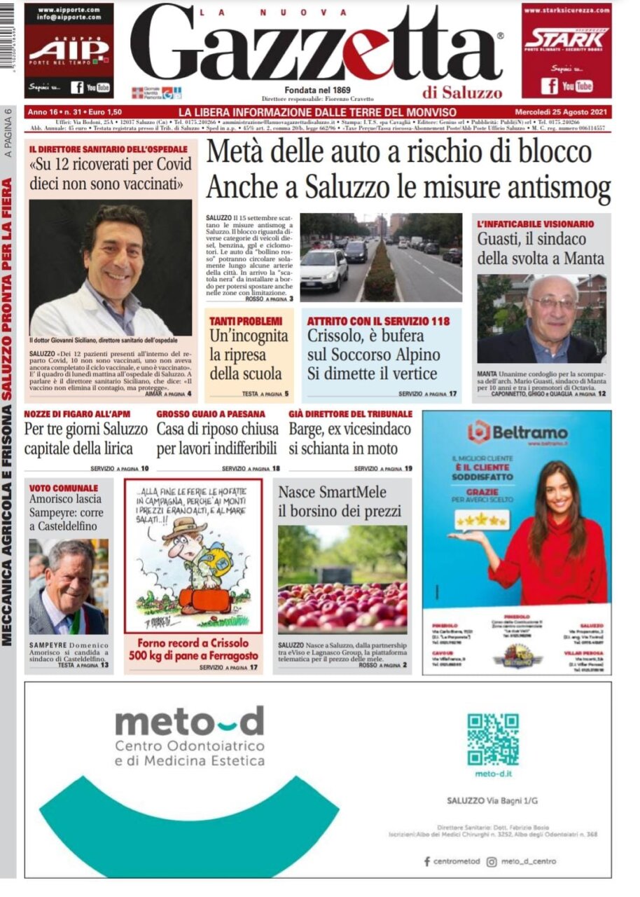 Ecco la prima pagina della Gazzetta di Saluzzo: vaccini, scuola, blocco auto e tanto altro