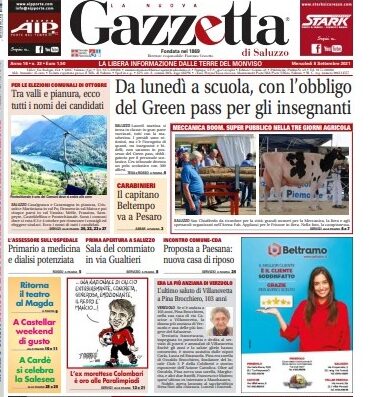 Prima pagina della Gazzetta di Saluzzo con importanti temi. Dalla scuola al trasferimento del comandante Beltempo