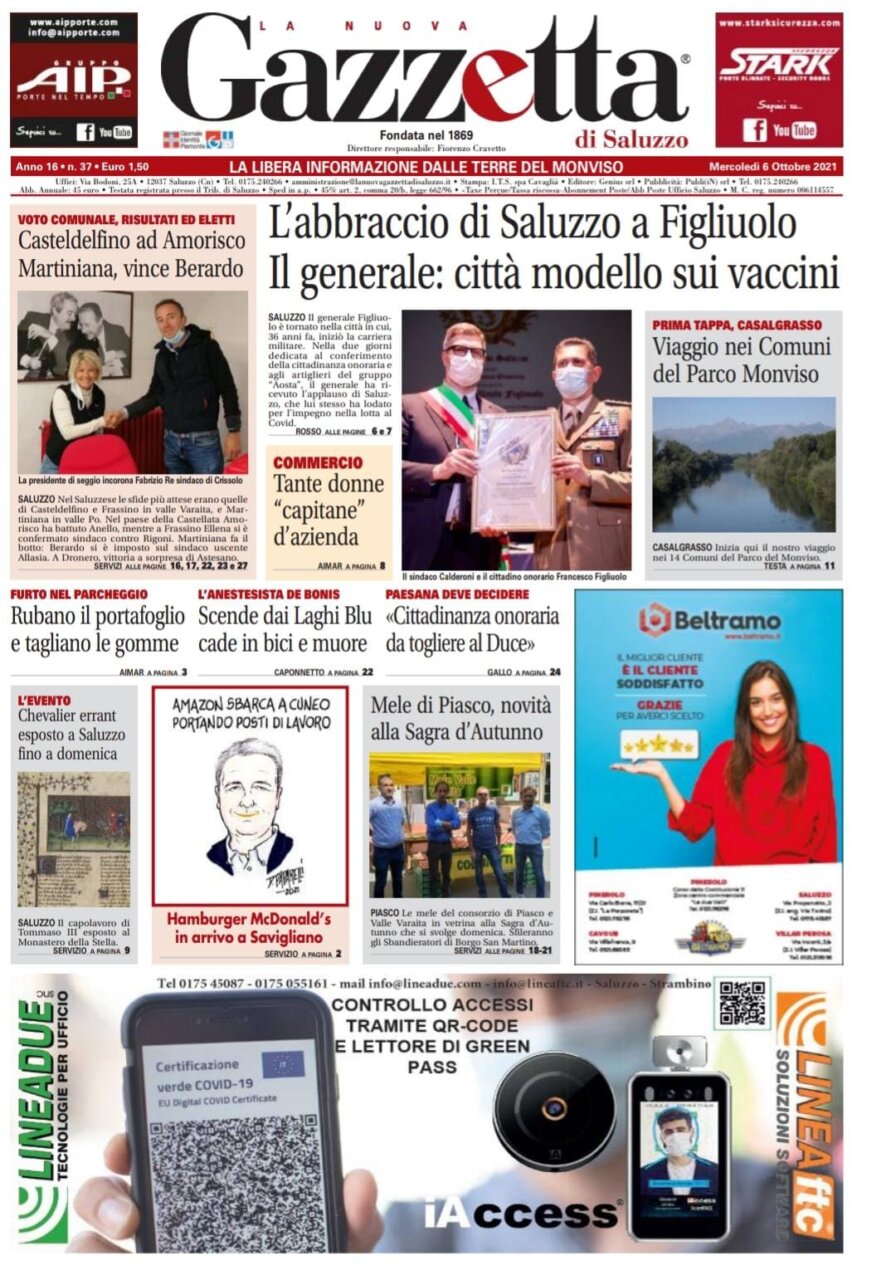 Ecco la prima pagina della Gazzetta di Saluzzo in edicola questa settimana