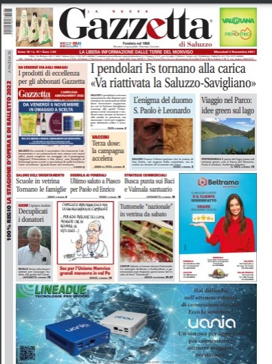 Ecco la prima pagina della Gazzetta di Saluzzo del 3/11/21