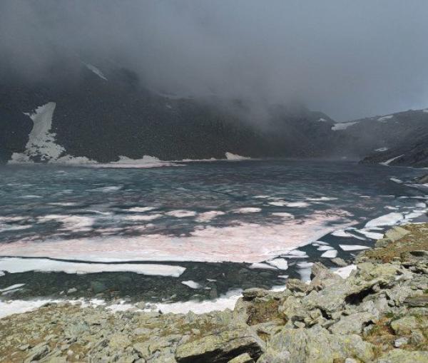 Monviso, la neve del lago Grande si colora di rosso